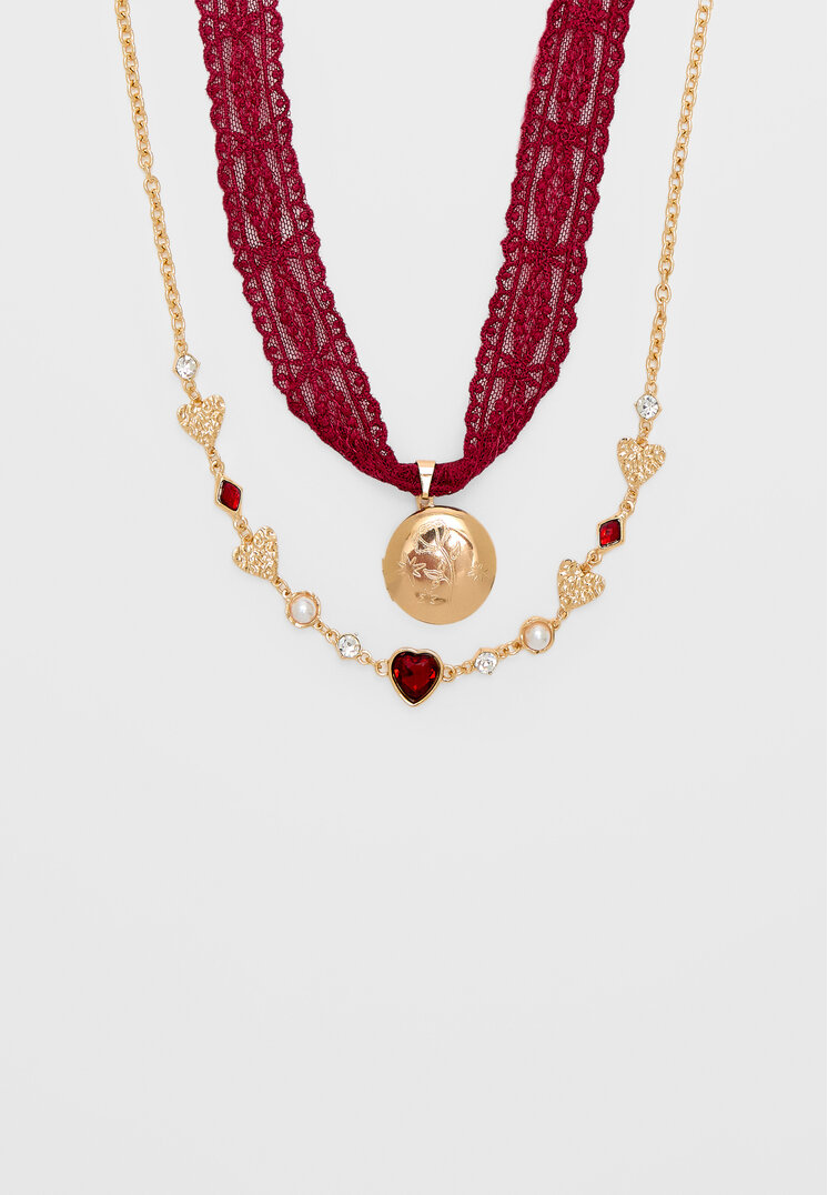 Stradivarius Set 2 Coliere Choker Combinate Dantelă Auriu Os