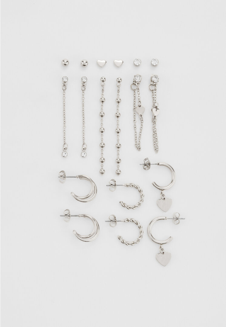 Stradivarius Set De 9 Perechi De Cercei Cu Inimi Gri Os