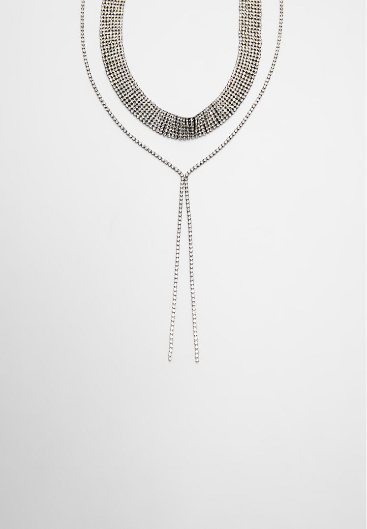 

Stradivarius Komplet 2 naszyjników z cyrkoniami: choker i typu lariat Szary OS