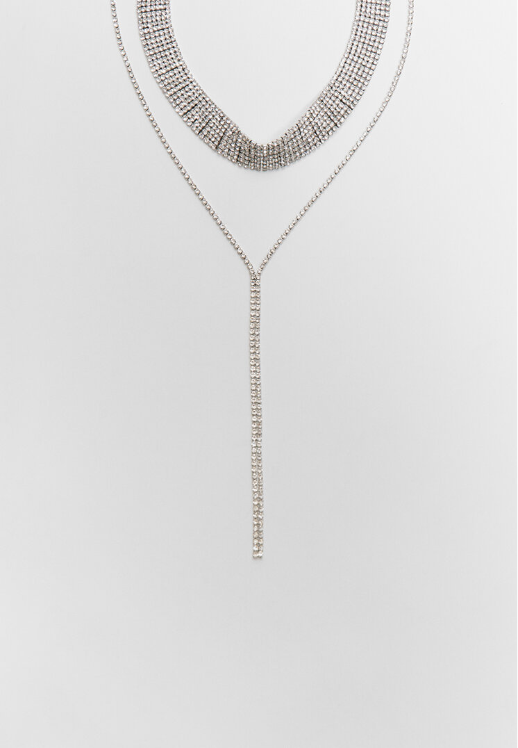 

Stradivarius Komplet 2 naszyjników z cyrkoniami: choker i typu lariat Perłowo-szary OS