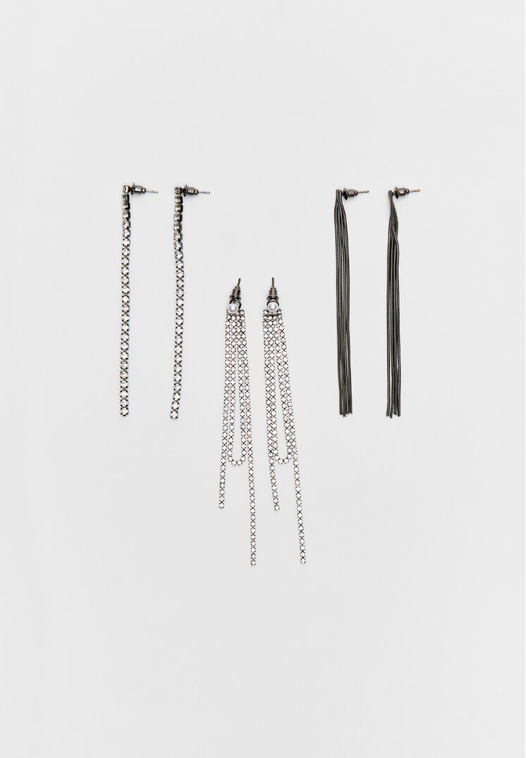 Stradivarius Set mit 3 Hängeohrringen mit Glitzer Grau OS