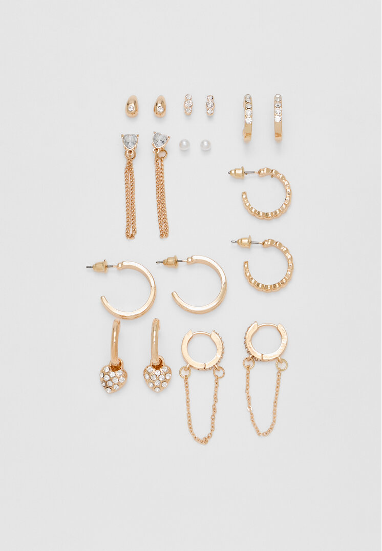 Stradivarius Set De 9 Perechi De Cercei Tip Verigă Cu Strasuri Auriu Os