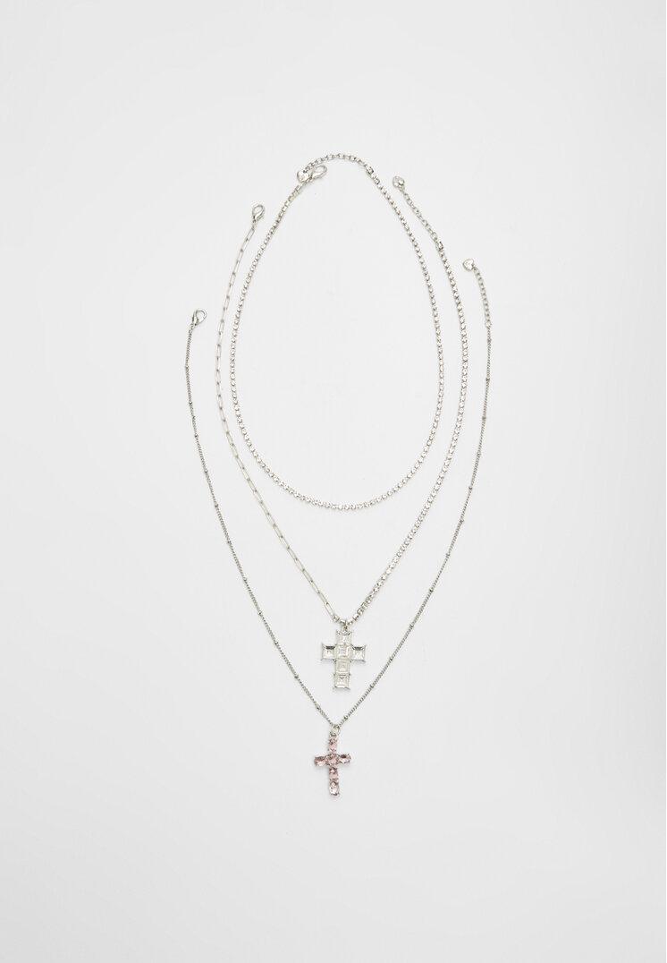 Stradivarius Set 3 Coliere Cu Cruce Și Detalii Strălucitoare Gri Os