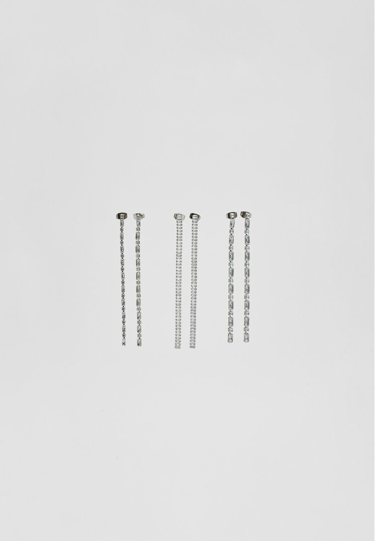 Stradivarius Set De 3 Perechi De Cercei Lungi Cu Strasuri Gri Os
