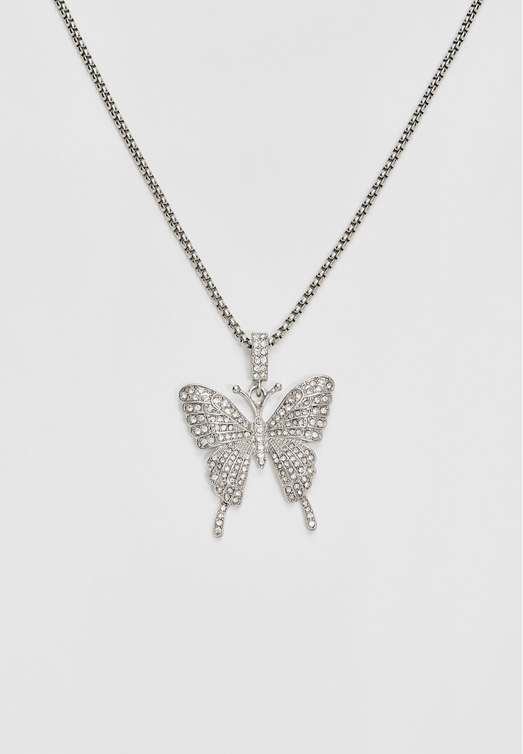 Stradivarius Colier Cu Fluture Cu Strasuri Gri Os