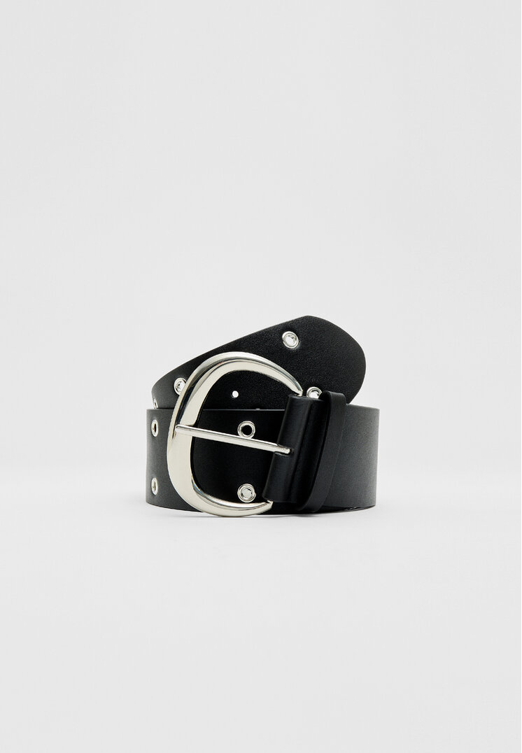 Stradivarius Curea Lată Cu Ocheți Negru 90