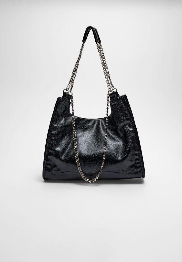 Stradivarius Geantă Shopper Din Imitație De Piele Cu Lanț Negru Os