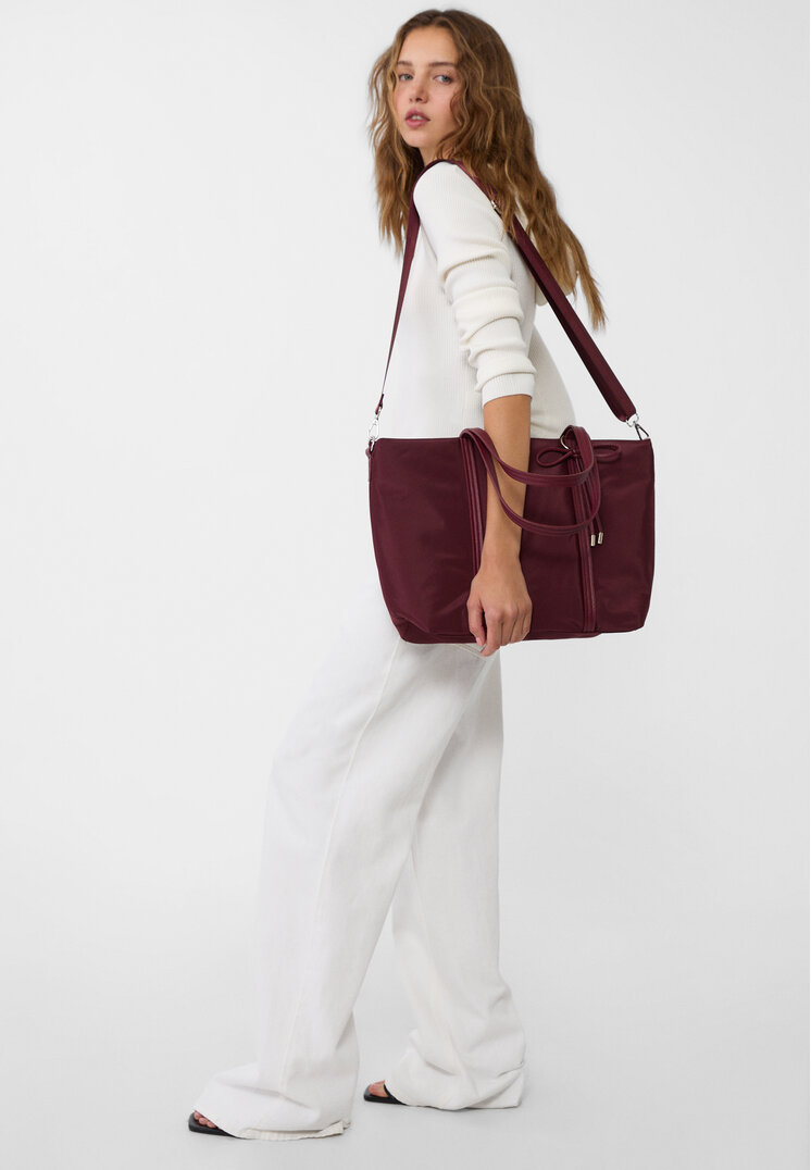 Stradivarius Fabric shopper bag with bow  Burgundy OS
