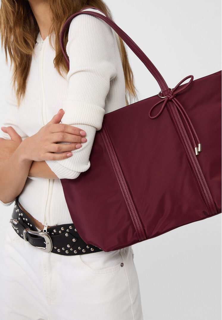 Stradivarius Fabric shopper bag with bow  Burgundy OS