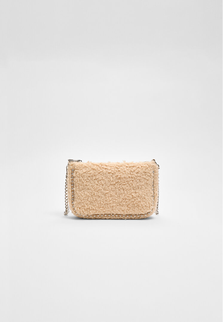 Stradivarius Geantă Crossbody Cu Biluțe Și Lână De Miel Sintetică Ecru Os