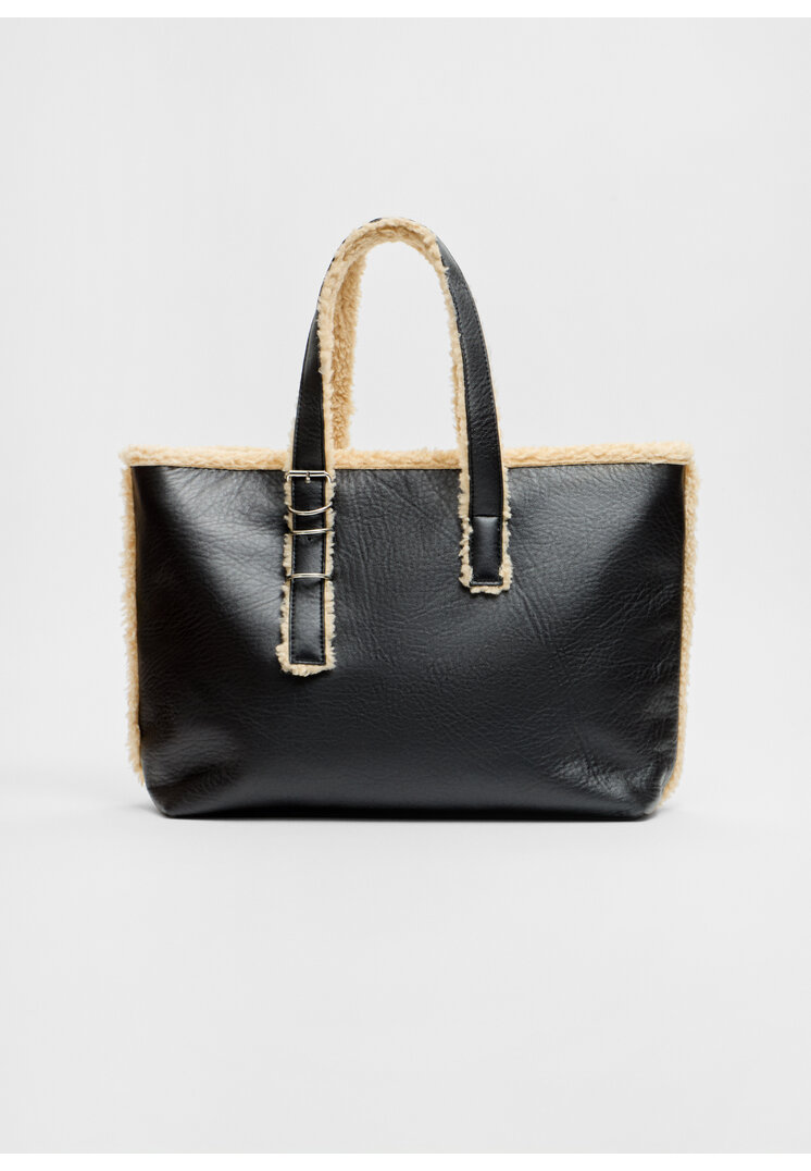 Stradivarius Geantă Shopper Combinată Din Blană De Miel Sintetică Negru Os
