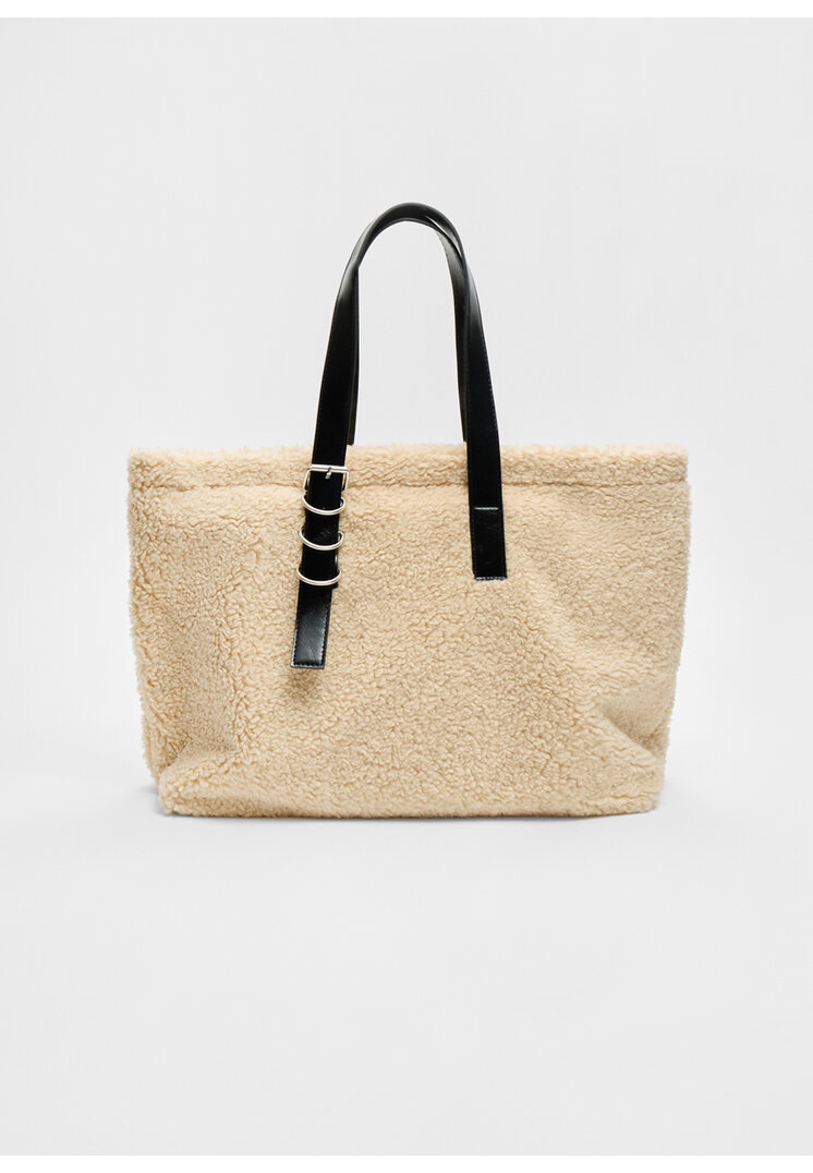 Stradivarius Geantă Shopper Combinată Din Blană De Miel Sintetică Ecru Os