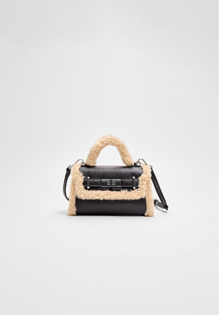 Stradivarius Geantă Crossbody Combinată Din Blană De Miel Sintetică Negru Os