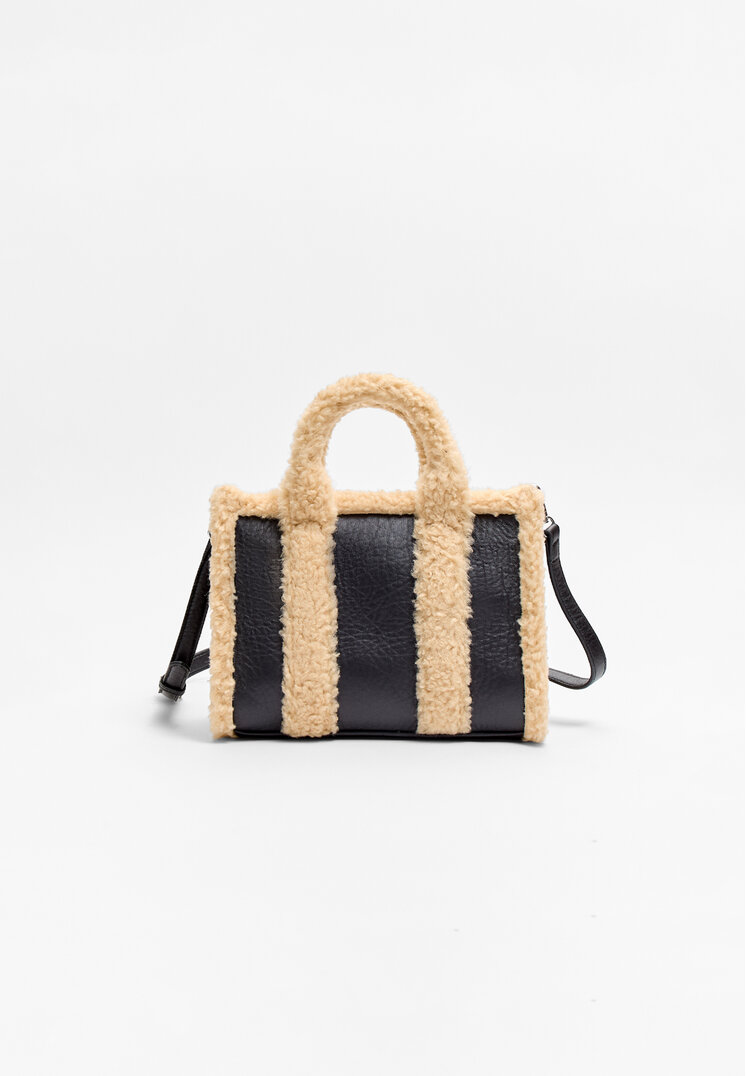 Stradivarius Geantă Tote Cu Două Fețe Din Blană De Miel Sintetică Negru Os