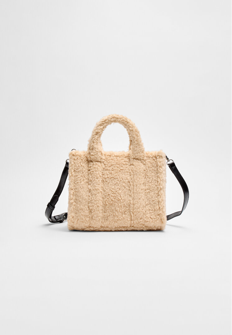 Stradivarius Geantă Shopper Cu Blană De Miel Sintetică Ecru Os