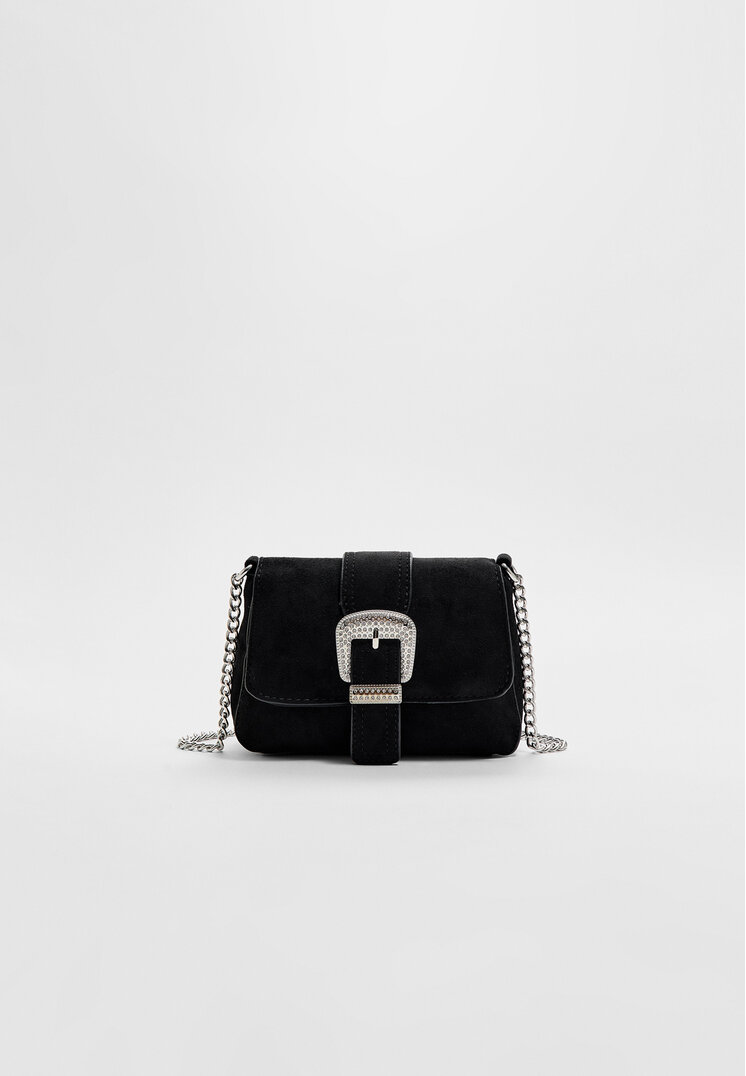 Stradivarius Geantă Crossbody Cu Cataramă Cu Strasuri Negru Os