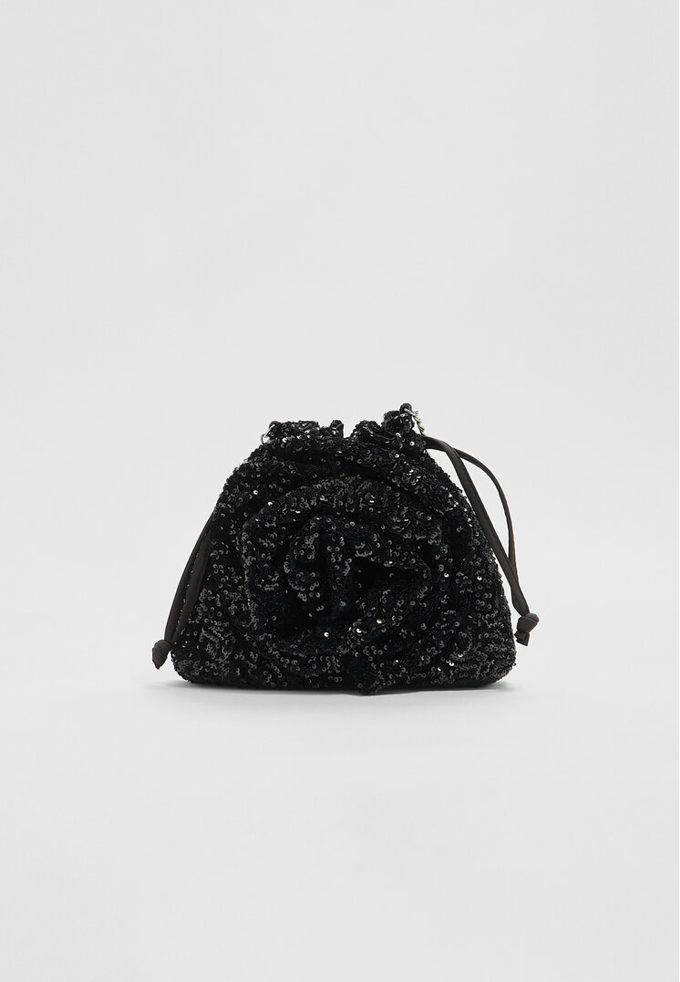 Stradivarius Geantă Crossbody Cu Floare Și Detalii Strălucitoare Negru Os