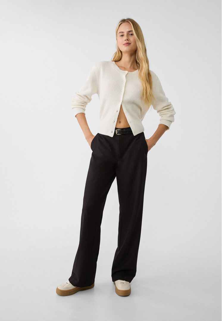 Stradivarius Pantaloni Drepți Vaporoși Eleganți Cu Curea Negru 34