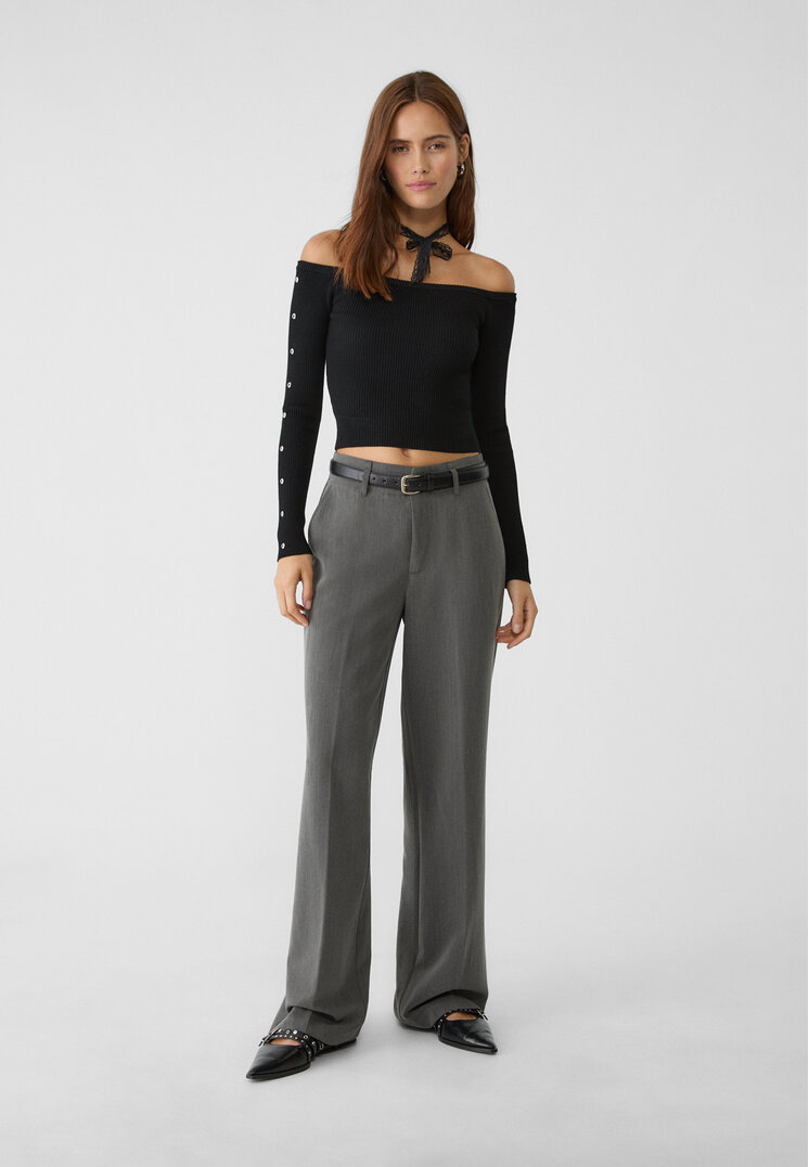 Stradivarius Pantaloni Drepți Vaporoși Eleganți Cu Curea Gris Amestec 36