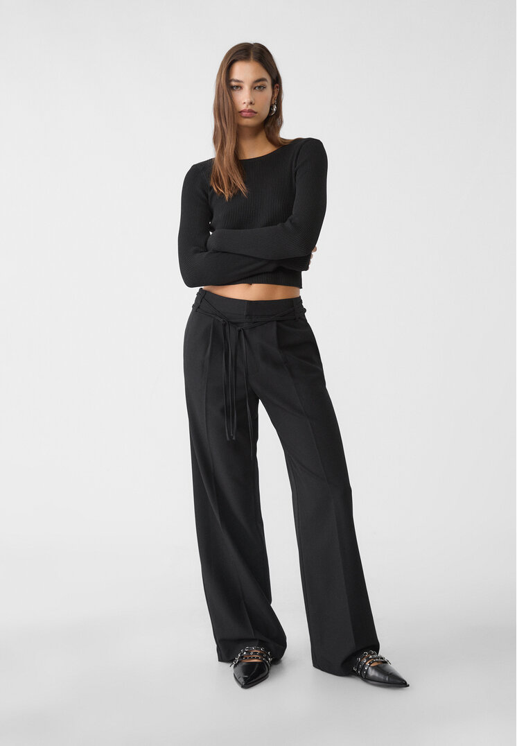 Stradivarius Pantaloni Foarte Largi Cu Curele Negru 36