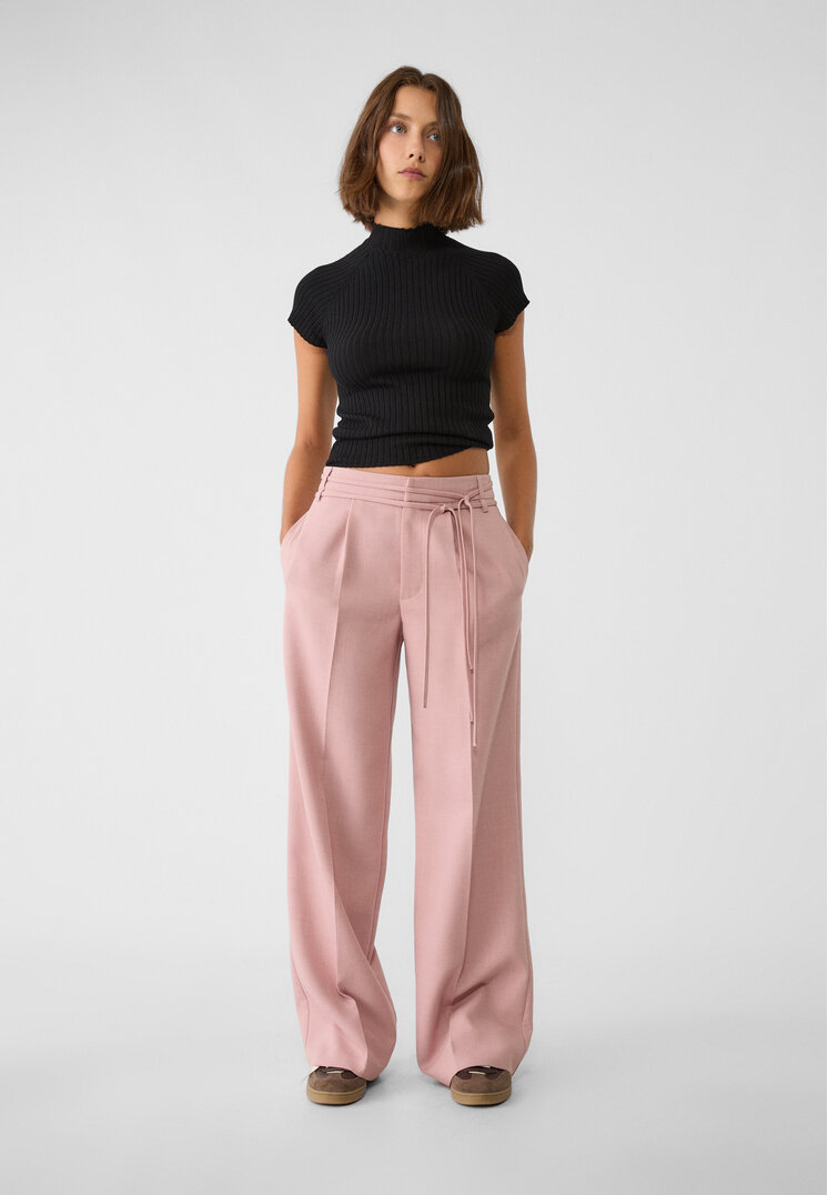 Stradivarius Pantaloni Foarte Largi Cu Curele Roz Pastel 32