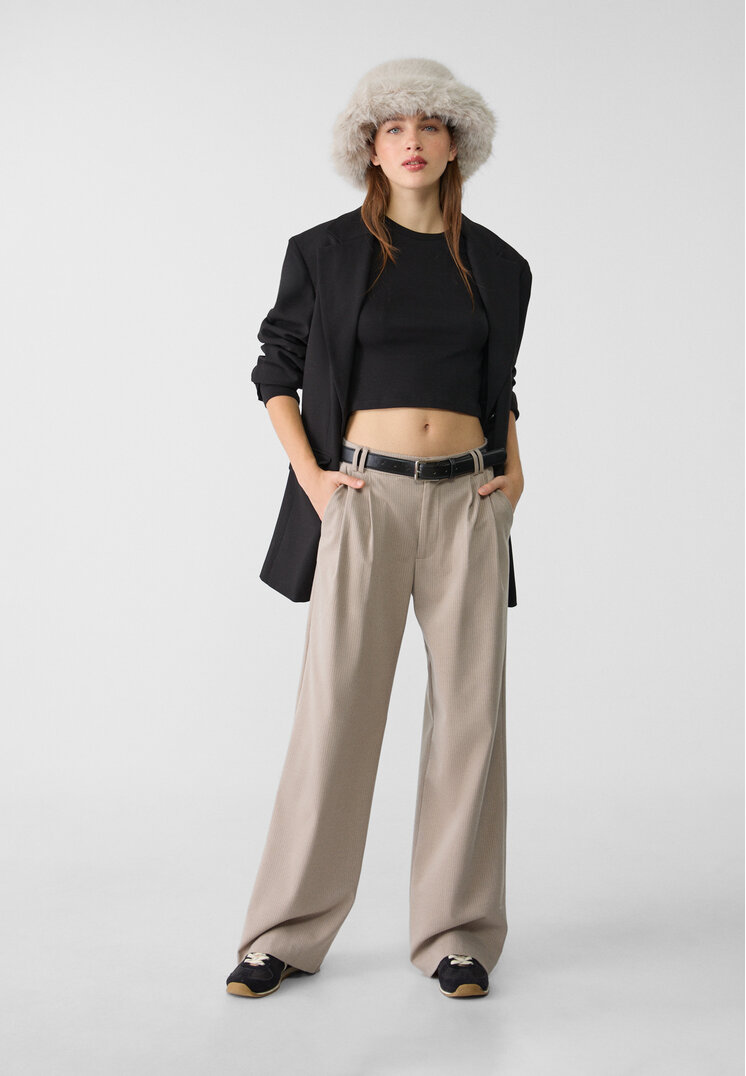 Stradivarius Pantaloni Largi Eleganți Cu Curea Gri Închis 32