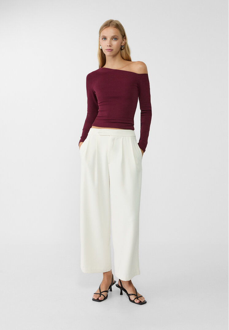 Stradivarius Culotte-Stoffhose mit Zierfalten Eisfarben 44