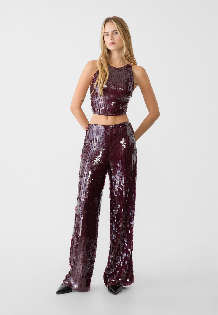 Stradivarius Pantaloni Lungi Cu Paiete Grena 34