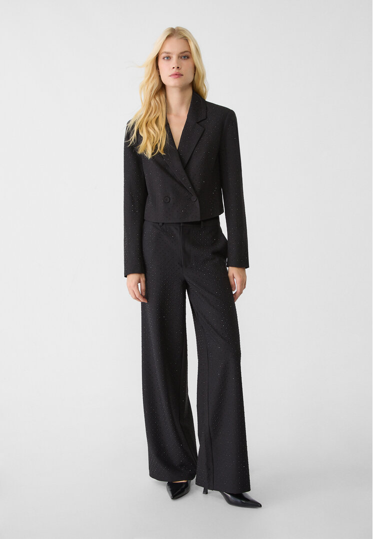 Stradivarius Pantaloni Straight Fit Eleganți Cu Detalii Strălucitoare Negru 32