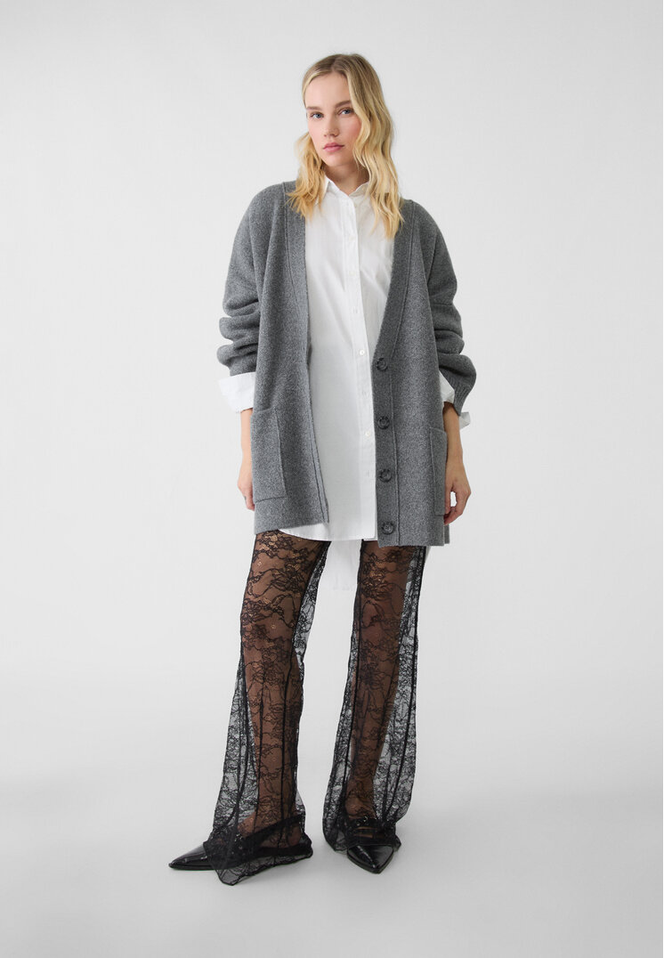 Stradivarius Pantaloni Evazați Dantelă Negru S