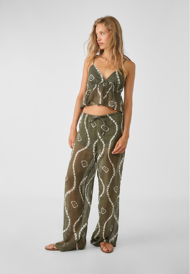 Stradivarius Pantaloni Fluizi Cu Imprimeu Kaki M
