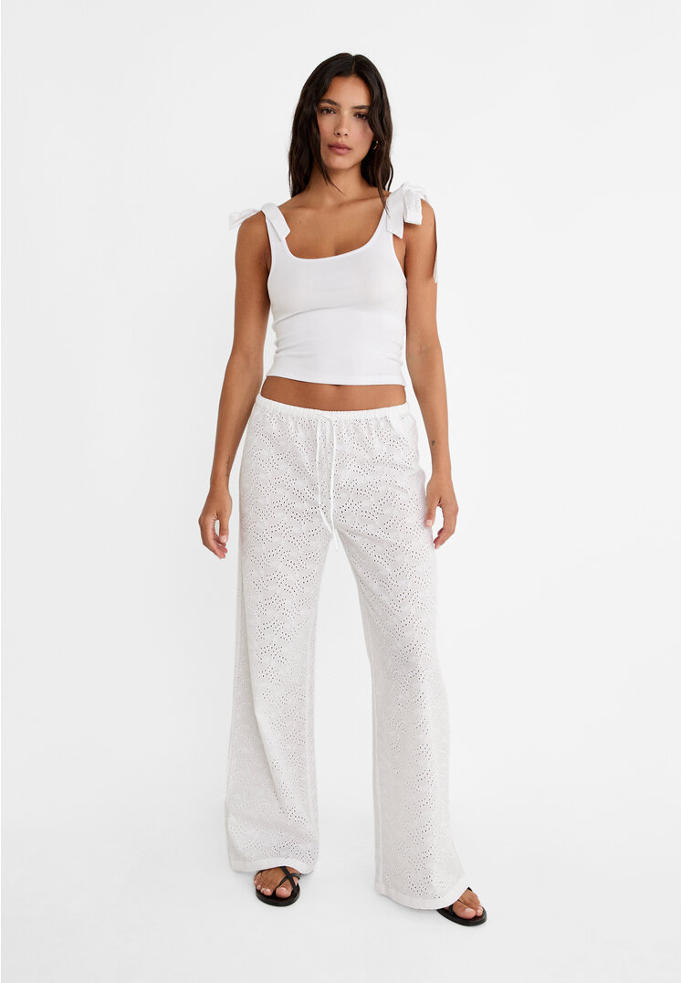 Stradivarius Pantaloni Cu Broderie Și Betelie Elastică Alb Xl