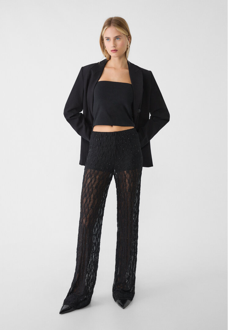 Stradivarius Pantalon Din Dantelă Cu Strasuri Negru M