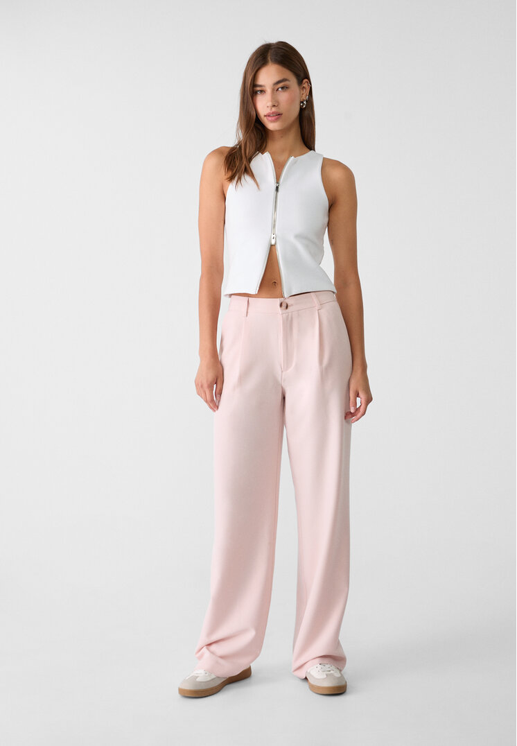 Stradivarius Pantaloni Eleganți Drepți Cu Pliuri Roz Pal 38