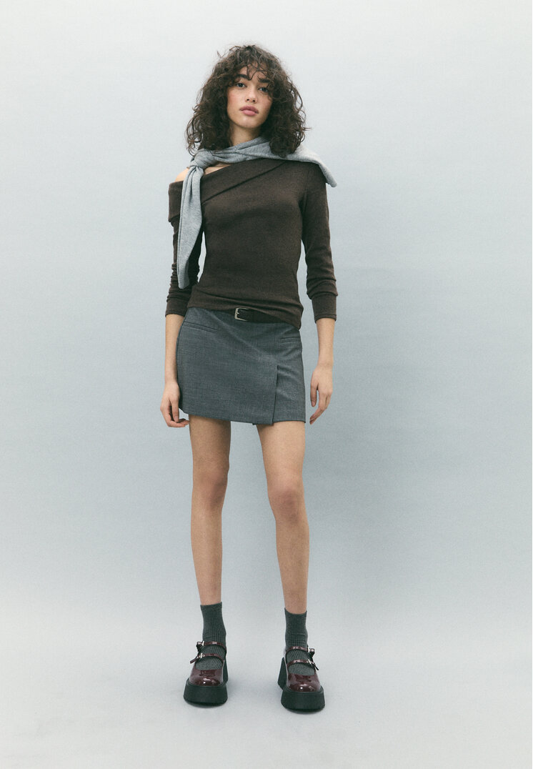 Stradivarius Fustă-Pantalon Petrecută Cu Curea Gri Închis M