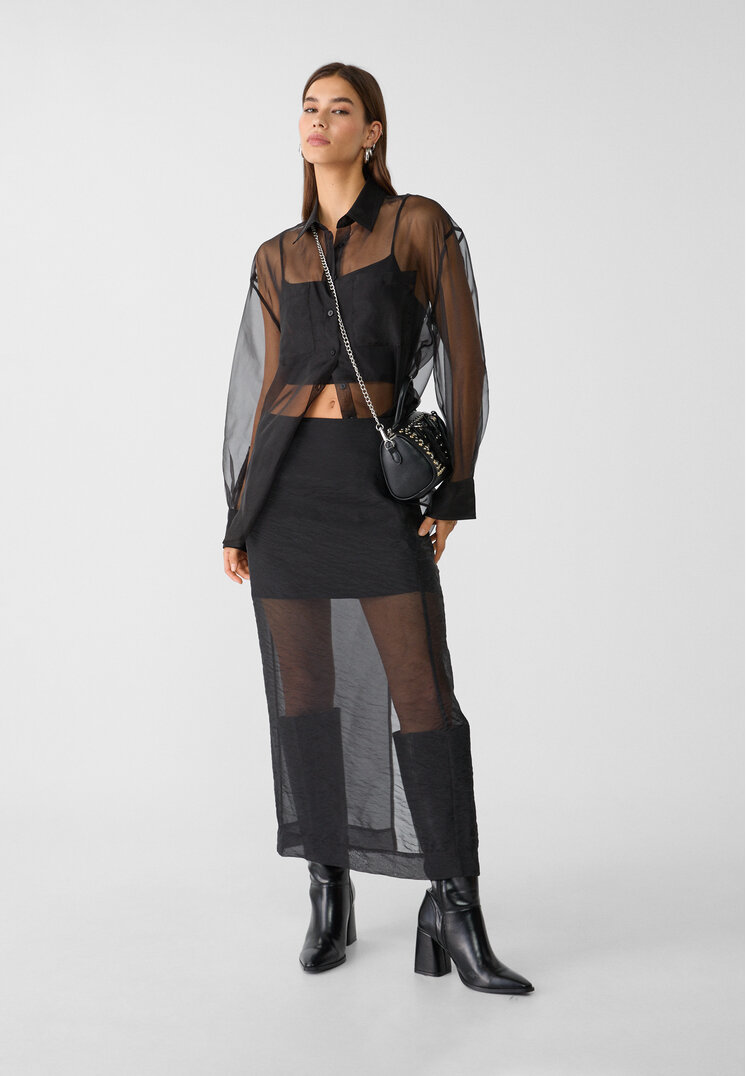 Stradivarius Fustă Midi Din Organza Negru Xl