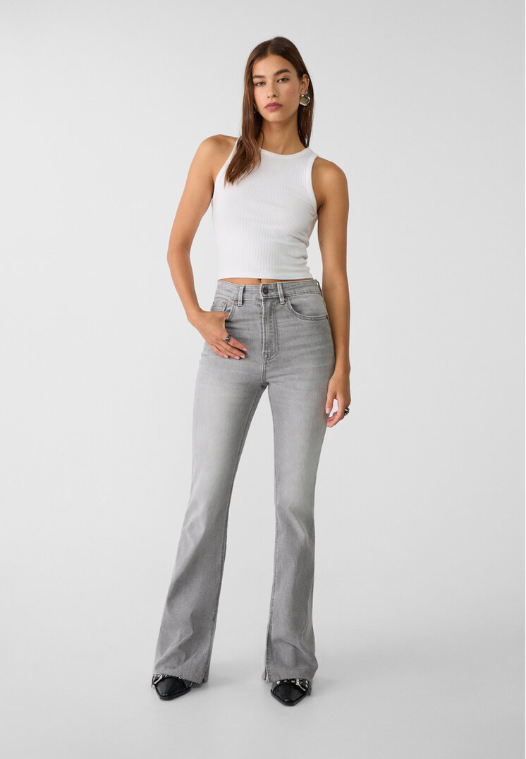 Stradivarius Blugi Evazați Slit Denim Negru 40
