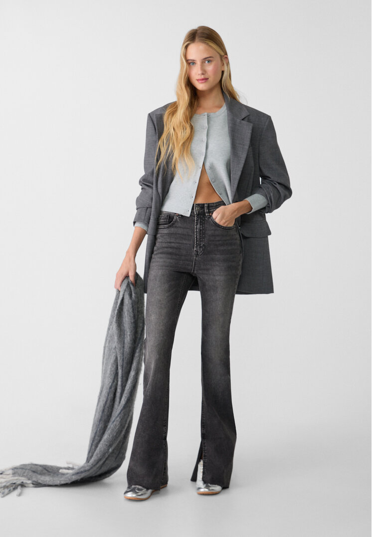 Stradivarius Blugi Evazați Slit Denim Negru 40