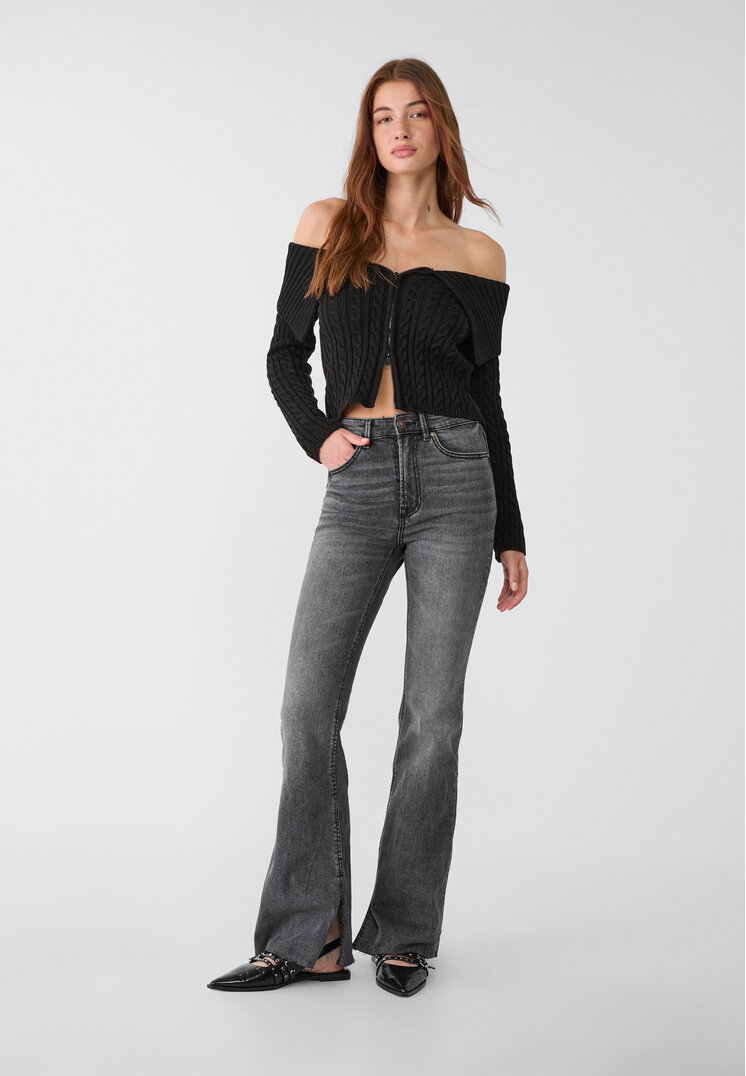 Stradivarius Blugi Evazați Slit Denim Negru 34