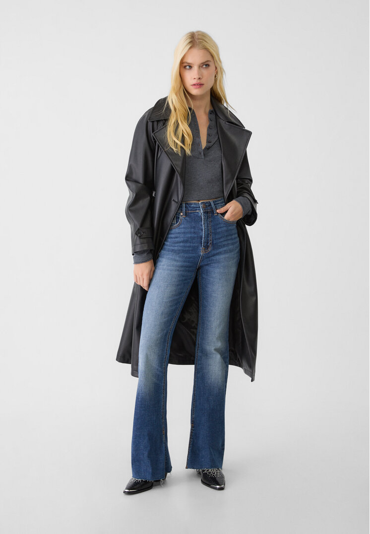 Stradivarius Blugi Evazați Slit Denim Albastru Închis Mediu 36