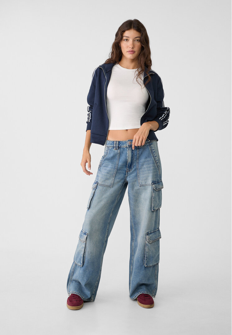 Stradivarius Blugi Cargo Cu Buzunare Multiple Denim Vopsit 34