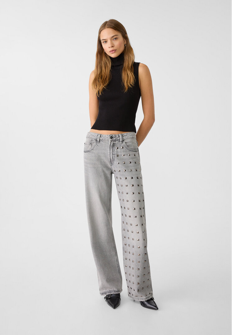 Stradivarius Blugi Straight Fit Cu Ținte Denim Negru 40