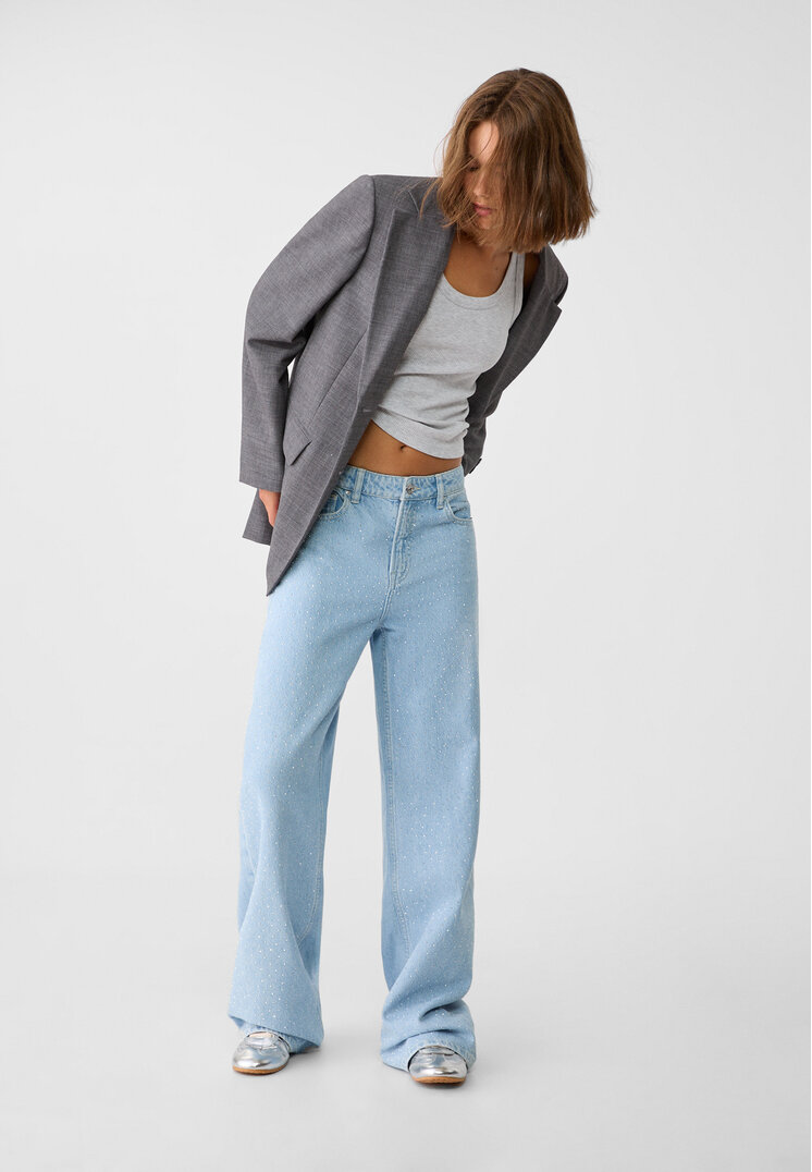 Stradivarius Straight-fit jeans with rhinestones  Medium light blue Denim 6