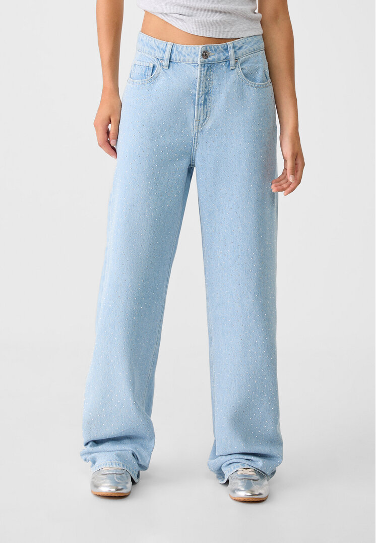 Stradivarius Straight-fit jeans with rhinestones  Medium light blue Denim 6