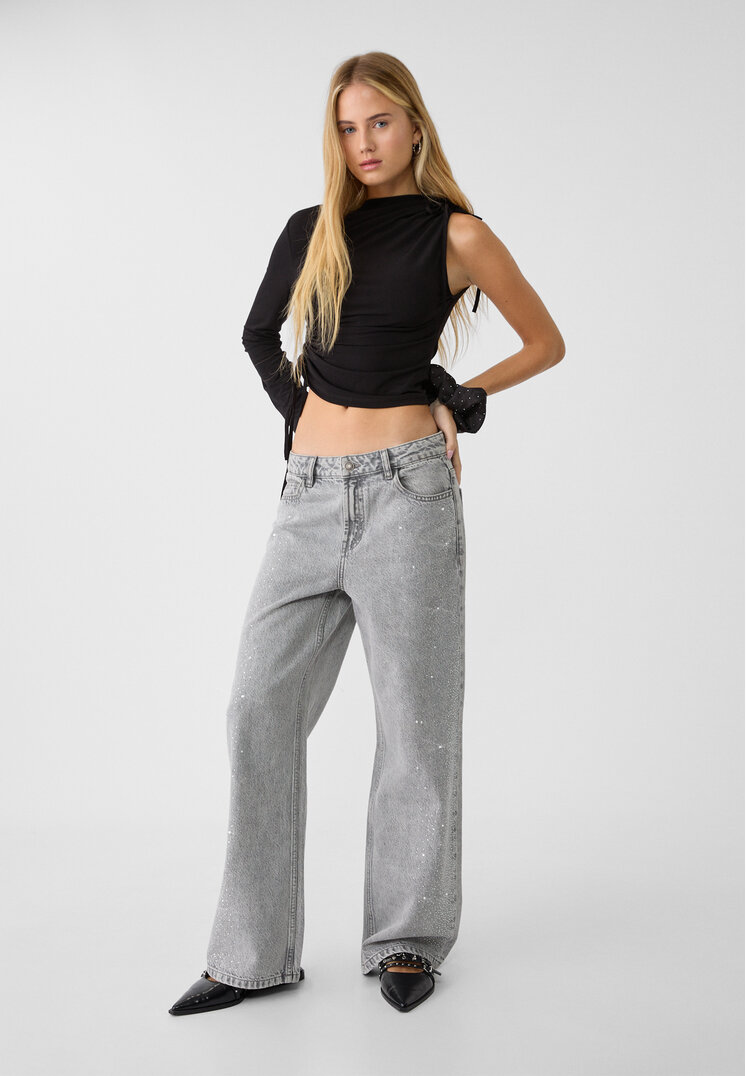 Stradivarius Blugi Straight Fit Cu Strasuri Denim Negru 32
