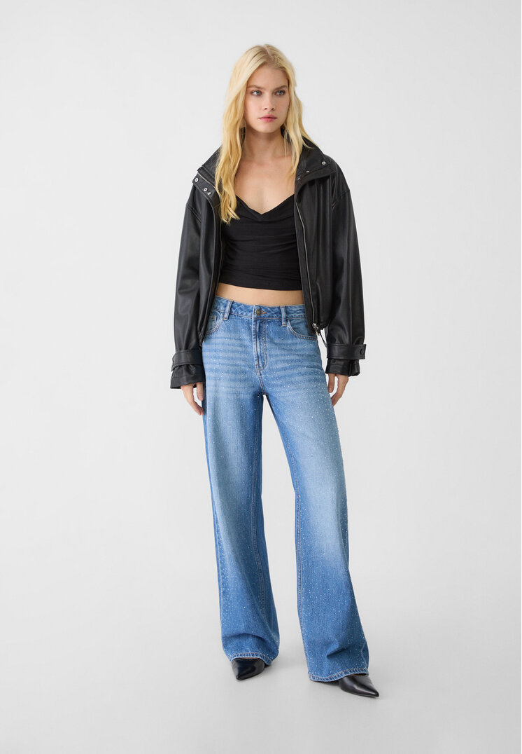 Stradivarius Blugi Straight Fit Cu Strasuri Denim Albastru 36