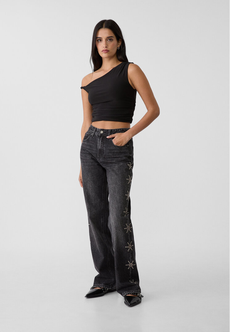 Stradivarius Blugi Straight Fit Cu Ținte În Pățile Laterale Denim Negru 32