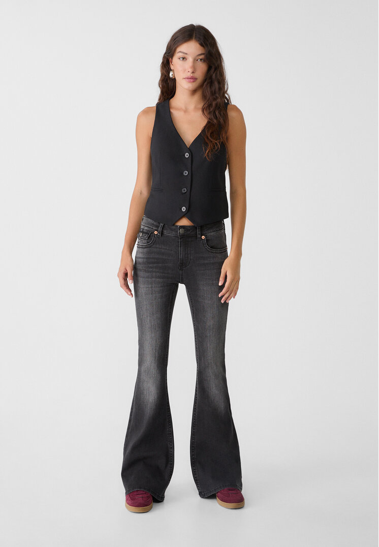 Stradivarius D04 Blugi Evazați Cu Talie Joasă Denim Negru 40