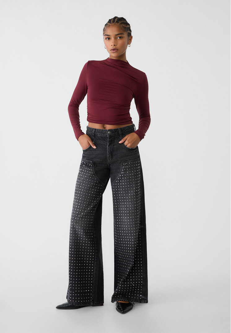 Stradivarius Blugi Cowboy Straight Fit Low Cu Detalii Strălucitoare Denim Negru 42