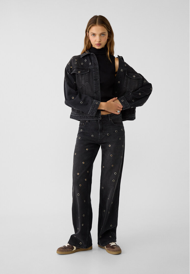 Stradivarius Blugi Low Straight Cu Ocheți Denim Negru 38